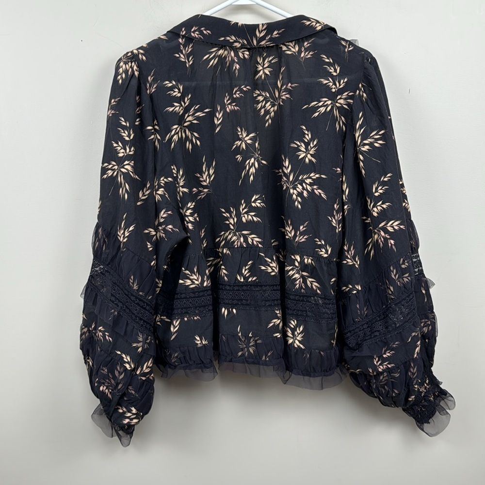 🎀By Anthropologie Ruffled V-Neck Popover embroidered  wheat print  Blouse medium - Picture 12 of 13